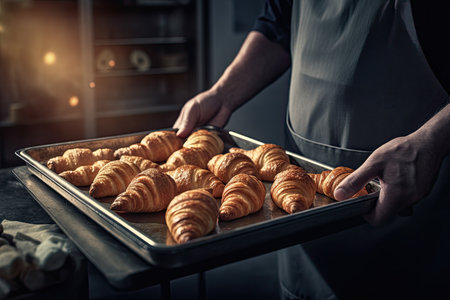 baker holding a metal tray full of fresh croissants illuminated with a lovely light from the window.の素材