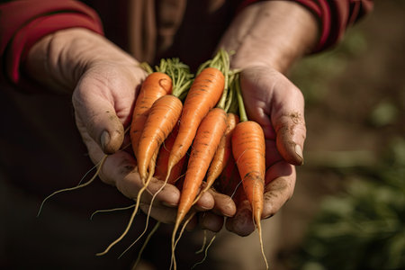 Close up farmer holding in his hand some carrots freshly picked from the ground.の素材