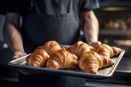 baker holding a metal tray full of fresh croissants illuminated with a lovely light from the window.の素材
