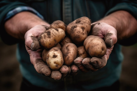 Close up farmer holding in his hand some potatoes freshly picked from the ground.の素材