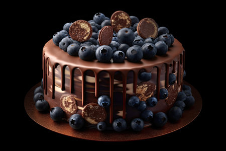Chocolate cake with liquid chocolate coating decorated with biscuits and blueberries on a black background.の素材