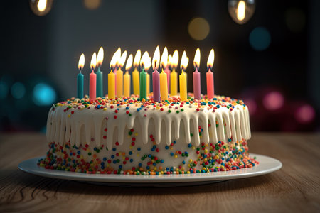 birthday cake with colored candles on wooden table and black background.の素材