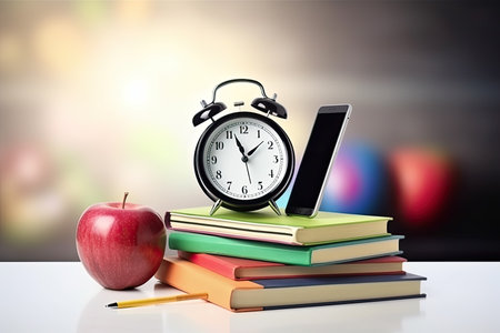 School concept background. Background of books, clock, apple and colored pencils.の素材