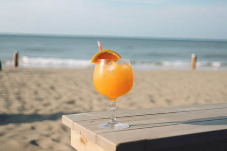 orange cocktail on wooden table and paradisiacal beach with the sea in the background. Copyspace.の素材