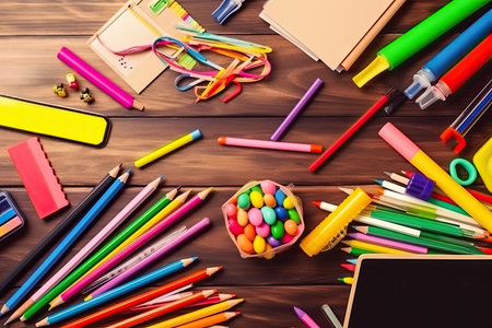 Back to school concept. School supplies. AI generative.の素材