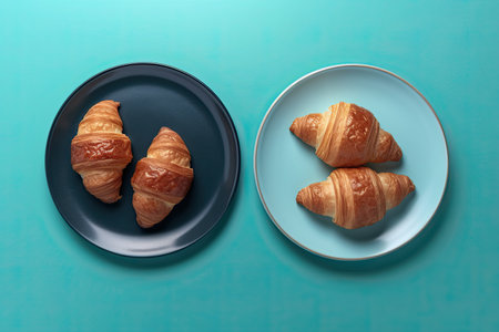 fresh croissant on blue plate and blue background.の素材