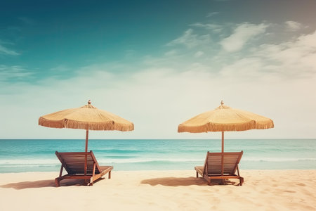 Lounger and parasol on the beach with sea background. Generative AI.の素材