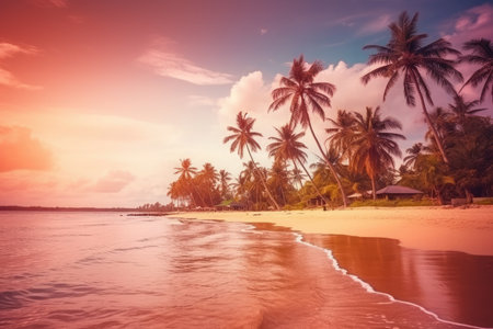 Tropical landscape with sunset beach and tropical palm trees. AI generative.の素材