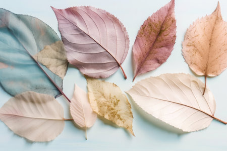 Natural frame made with colorful dried leaves. Pastel colored borders. Fresh and light airy mood. AI generative.の素材