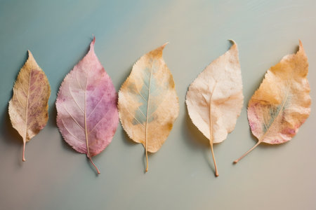 Natural frame made with colorful dried leaves. Pastel colored borders. Fresh and light airy mood. AI generative.の素材