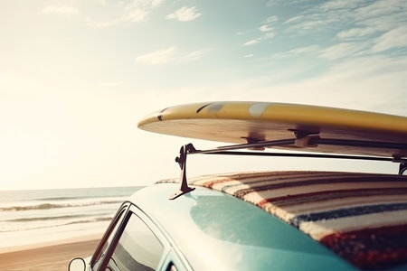 vintage car with a surfboard on the roof and a beach in the backgroundの素材