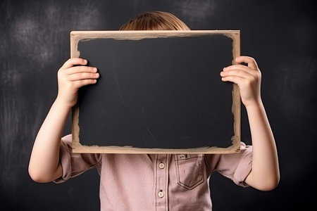 Schoolboy with an empty blackboard in hand for copy space with black background. Back to school concept.の素材