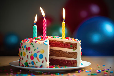 Birthday cake with white cream on a wooden table and colorful balloons in the background.の素材