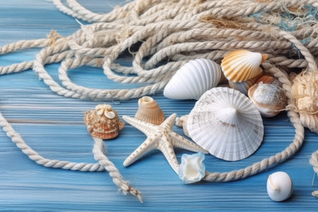 summer background with shells, starfish and capes on a blue background. Copyspace.の素材