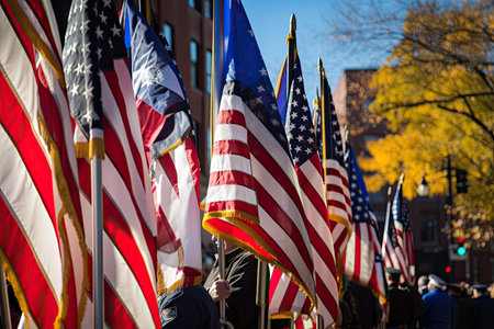 4th of july parade with many united states of america flags.の素材