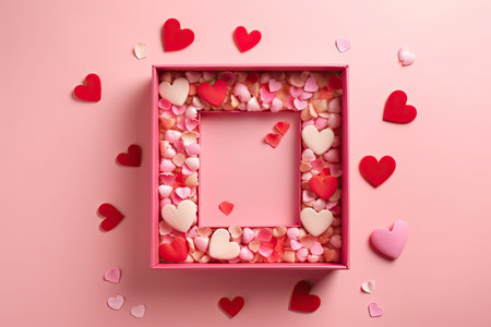 Pink gift box with red hearts on a pink background. Oh generative.の素材