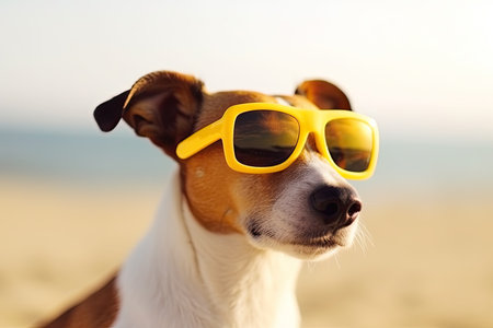Jack Russell dog with yellow sunglasses on a beach. AI generative.の素材