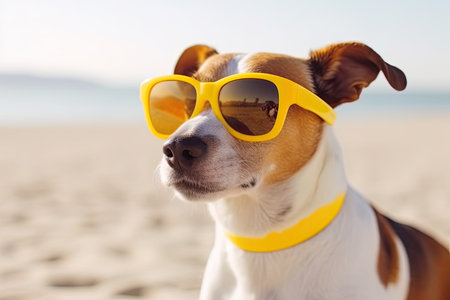 Jack Russell dog with yellow sunglasses on a beach. AI generative.の素材
