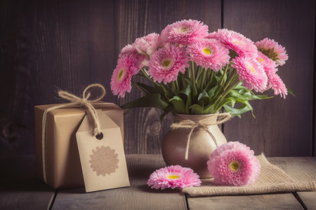 Pink flowers blossom with a gift on wooden table, for mother's day. Ai generativeの素材