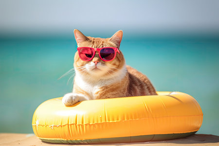 Portrait of a funny cat in sunglasses on a yellow float on the beach. Summer concept.の素材