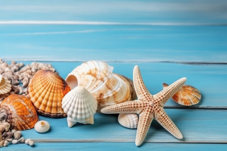 summer background with shells and starfish on a blue background. Copyspace.の素材