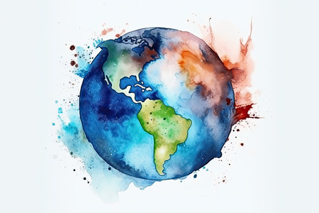 illustration of planet earth done in watercolor style on white background.の素材