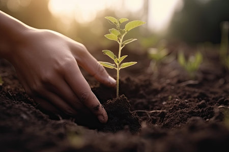 hands planting a seed in the soil of a forest. Close up.の素材