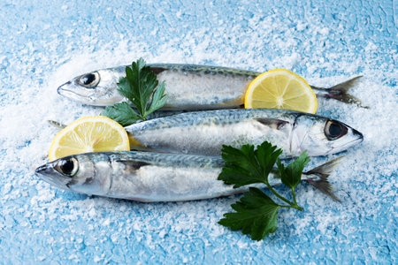 Raw mackerel fish with lemon and salt around on blue backgroundの写真素材