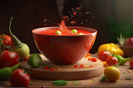 Splash of Traditional spanish gazpacho soup in bowl with ingredients on wooden table.の素材