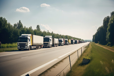 logistics transport trucks driving on a highway.の素材