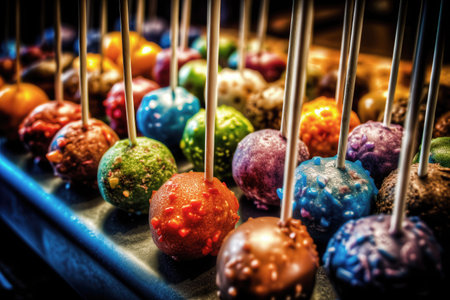 Assortment of brightly colored cake pops.の素材