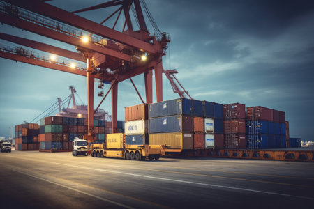 Logistics and transportation of Container Cargo ship and Cargo plane with working crane bridge in shipyard at sunrise, logistic import export and transport industry background.の素材