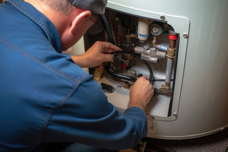 plumber fixing a boiler inside a house.の素材