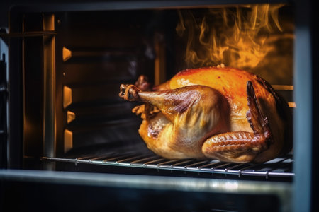Thanksgiving turkey in the oven for Thanksgiving day or Christmas dinner. AI generative.の素材