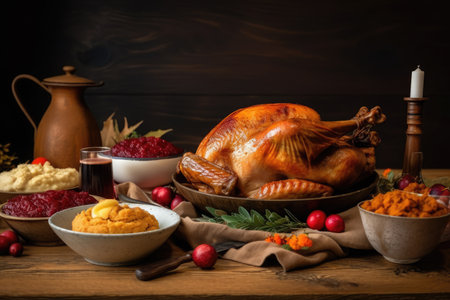 Roasted turkey for Thanksgiving dinner on wooden table. AI generative.の素材