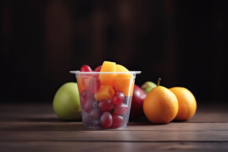 Fresh fruit salad in a plastic bowl for summer. AI generative.の素材