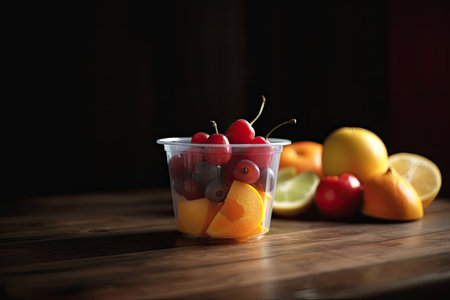 Fresh fruit salad in a plastic bowl for summer. AI generative.の素材