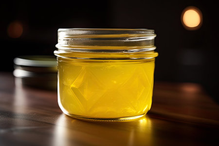 Ghee or clarified butter in jar on wooden table. AI generative.の素材