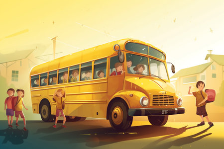 illustration of a yellow school bus with children. back to school concept.の素材