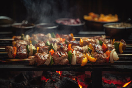 Barbecue skewers meat kebabs with vegetables on flaming grillの素材