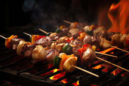 Barbecue skewers meat kebabs with vegetables on flaming grillの素材