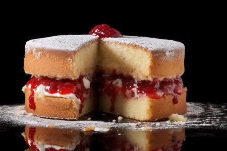 Victoria Sponge Cake on black background. Traditional London dessert. Ai generativeの素材