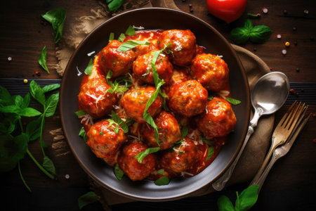 Meatballs in tomato sauce with herbs on wooden table.の素材