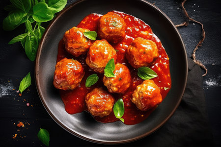 Meatballs in tomato sauce with herbs on wooden table.の素材