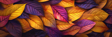 Colorful autumn leaves background. Panoramic format with copy space for text. AI generative.の素材