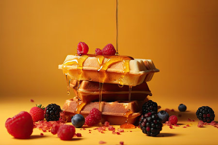 waffles with berries pouring honey on top and yellow background.の素材