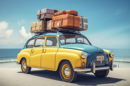 Road trip retro with suitcases on yellow car. AI generative.の素材