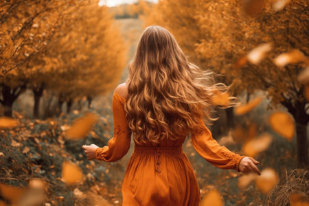 beautiful blonde woman walking through an autumn landscape. Concept of the arrival of autumnの素材