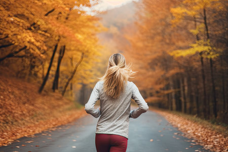 woman runner running in autumn leaves training exerciseの素材
