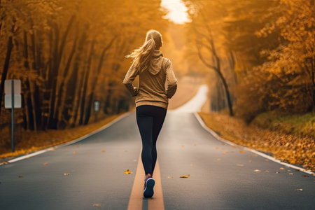 woman runner running in autumn leaves training exerciseの素材